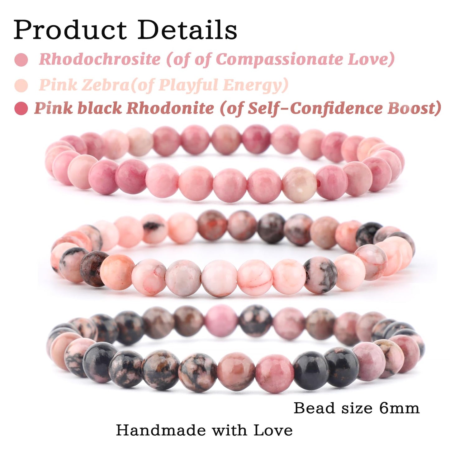 NCB 3-Piece 6mm Natural Crystal Gemstone Stretch Bracelets – ﻿Pink Zebra, Red Jasper, Red Plum Blossom Stone Handmade Reiki Energy Healing Jewelry for Meditation,Yoga, Unisex