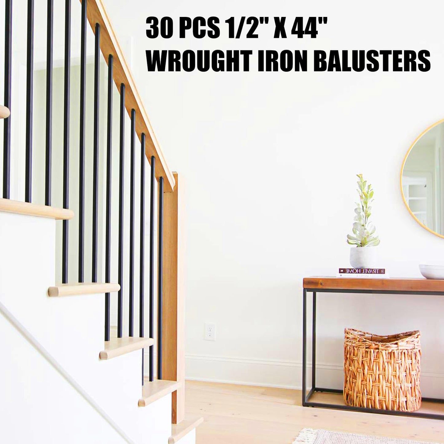 30 Pack 44'' Wrought Iron Balusters, Hollow Straight Bar Metal Baluster for Decks, Iron Balusters for Staircase Interior Decorative Stair Deck Railing 1/2-inch Satin Black Deck Spindles