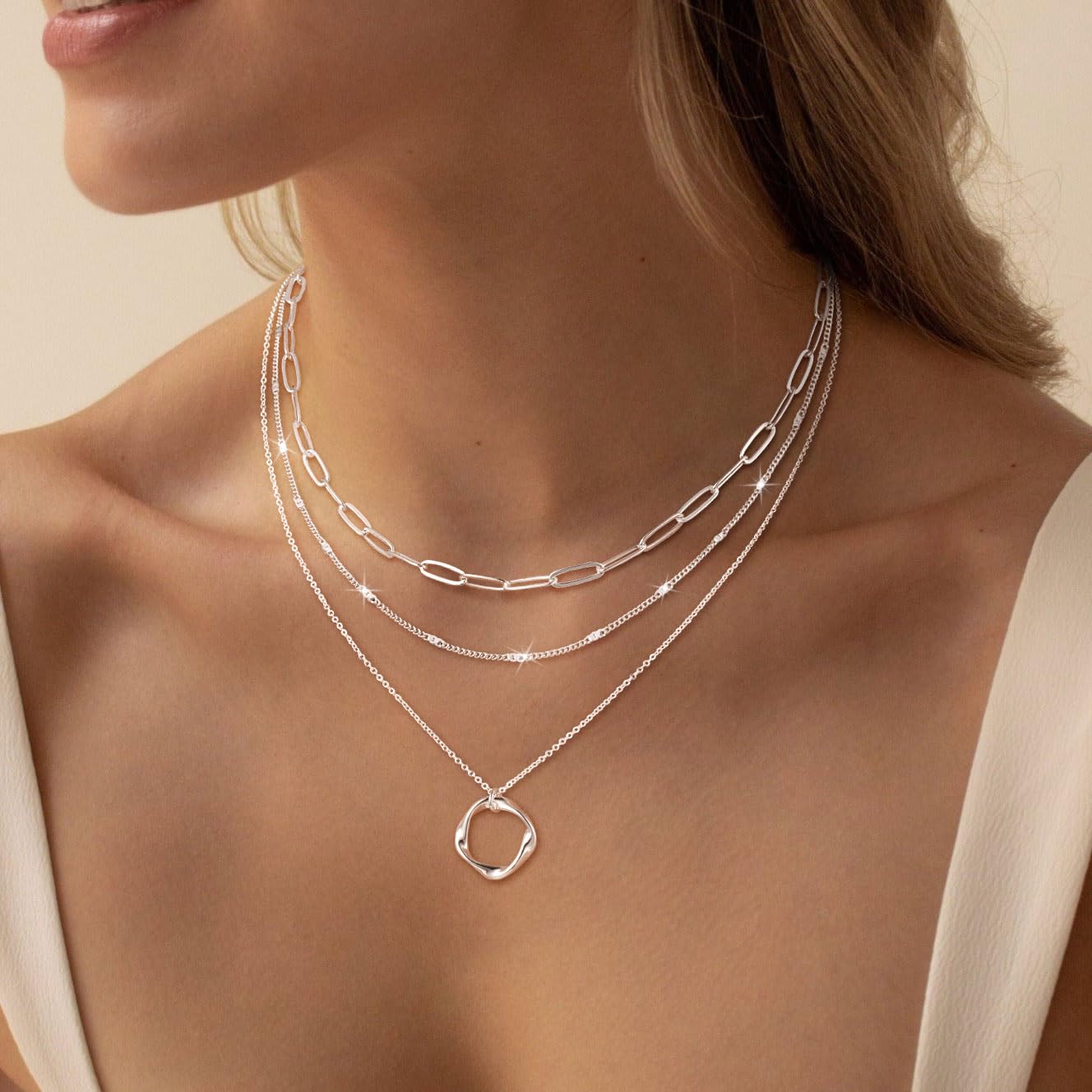 CHESKY Layered Silver Necklaces for Women Trendy, Silver Plated Dainty Stackable Charm Necklaces for Womens Layering Paperclip Chain Diamond Pendant Necklaces Jewelry Set for Women Gifts
