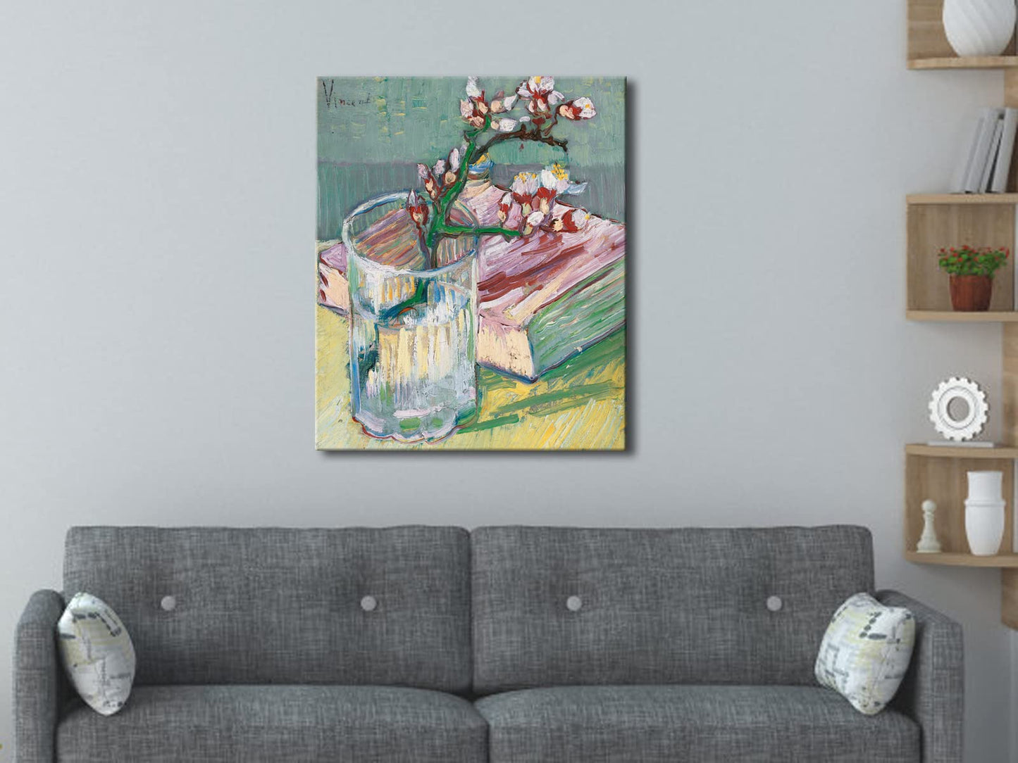 Wieco Art Canvas Wall Art Blossoming Almond Branch in a Glass with a Book by Vincent Van Gogh Large Canvas Prints for Living Room Decoration Post-impressionism Pictures Artwork