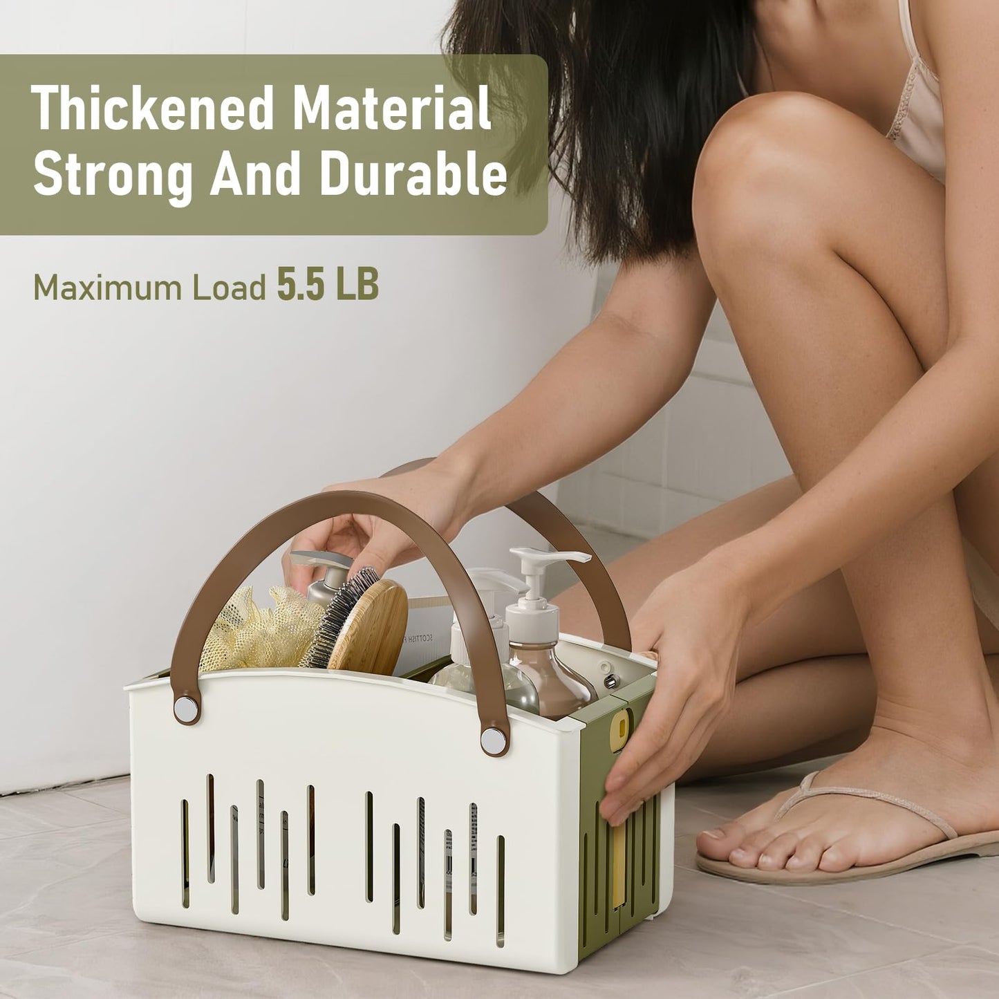 Delamu Portable Shower Basket Caddy with Double Handle Foldable Dry Wet Separation Design 11.0 × 7.1 × 6.5in, Travel, Camping, Gym, College Bathroom Tote, WhiteGreen, Ideal Christmas Gifts for Girls