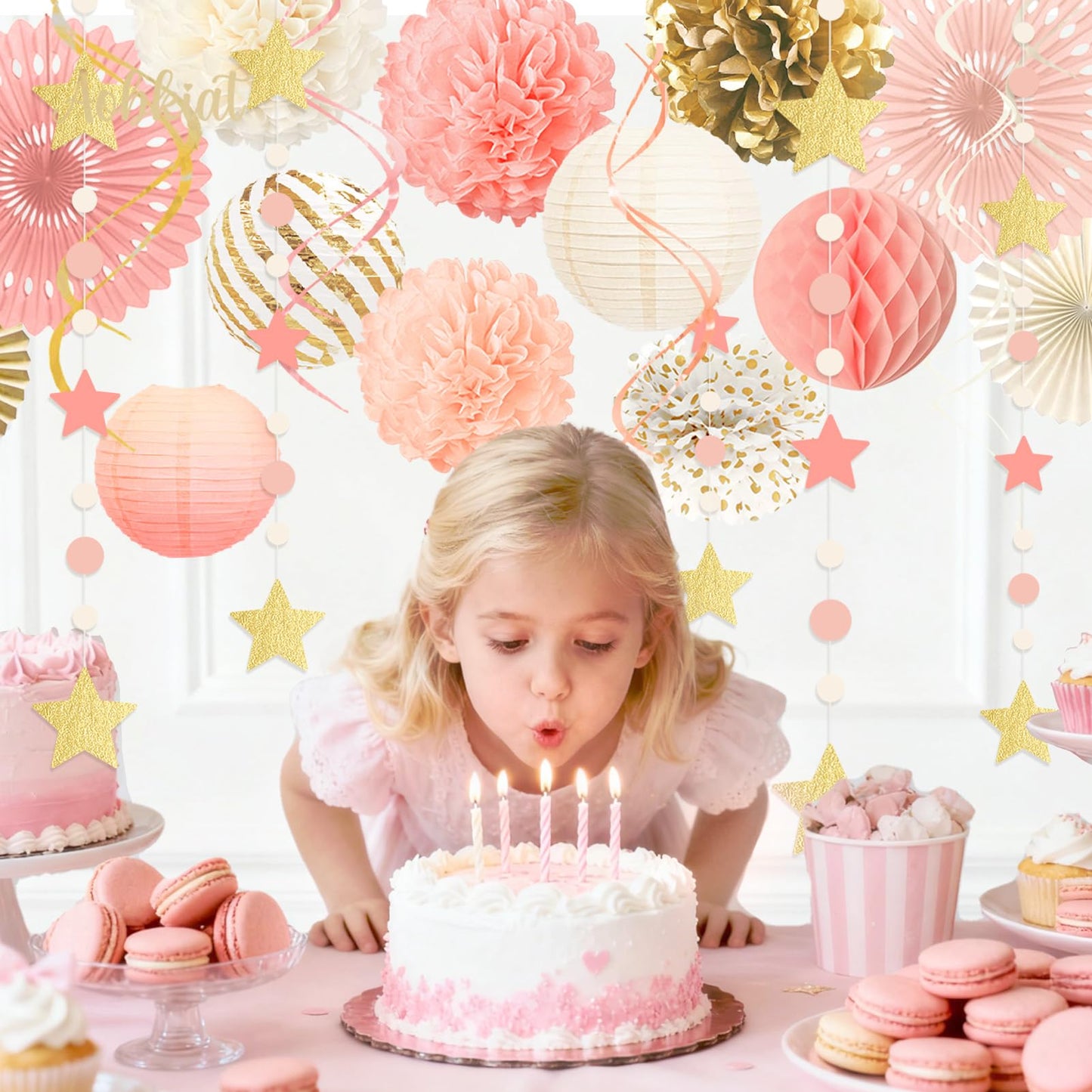 AOBKIAT Pink Gold Party Decorations Kit - 27PCS wirh Pom Poms & Lantern & Fans & Swirls & Garland & Crepe Paper Streamers for Birthday,Wedding,Baby Shower,Bachelorette,Princess Party