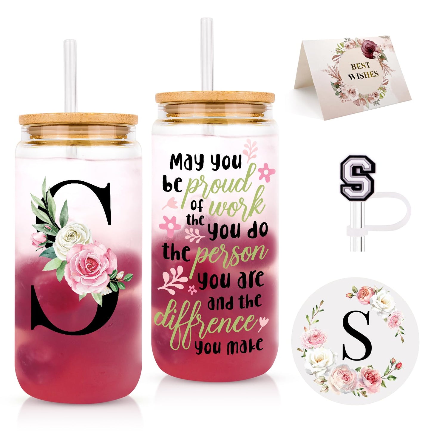 WINOWIMO Initial Glass Cups with Lids and Straws, Personalized Gifts for Women, Iced Coffee Cup Glass Tumbler, Birthday Bridesmaid Proposal Inspirational Customized Gifts for Her Girls (S)