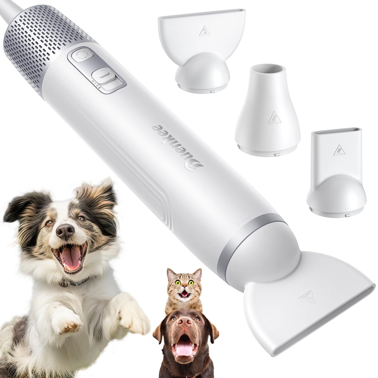 Dog Dryer Handheld Pet Hair Dryer, 3HP High-Velocity Blower with 3 Speeds & 4 Temps Lightweight, Quiet Design. Portable Blow for Travel & Home Grooming. Includes 3 Nozzles (White)