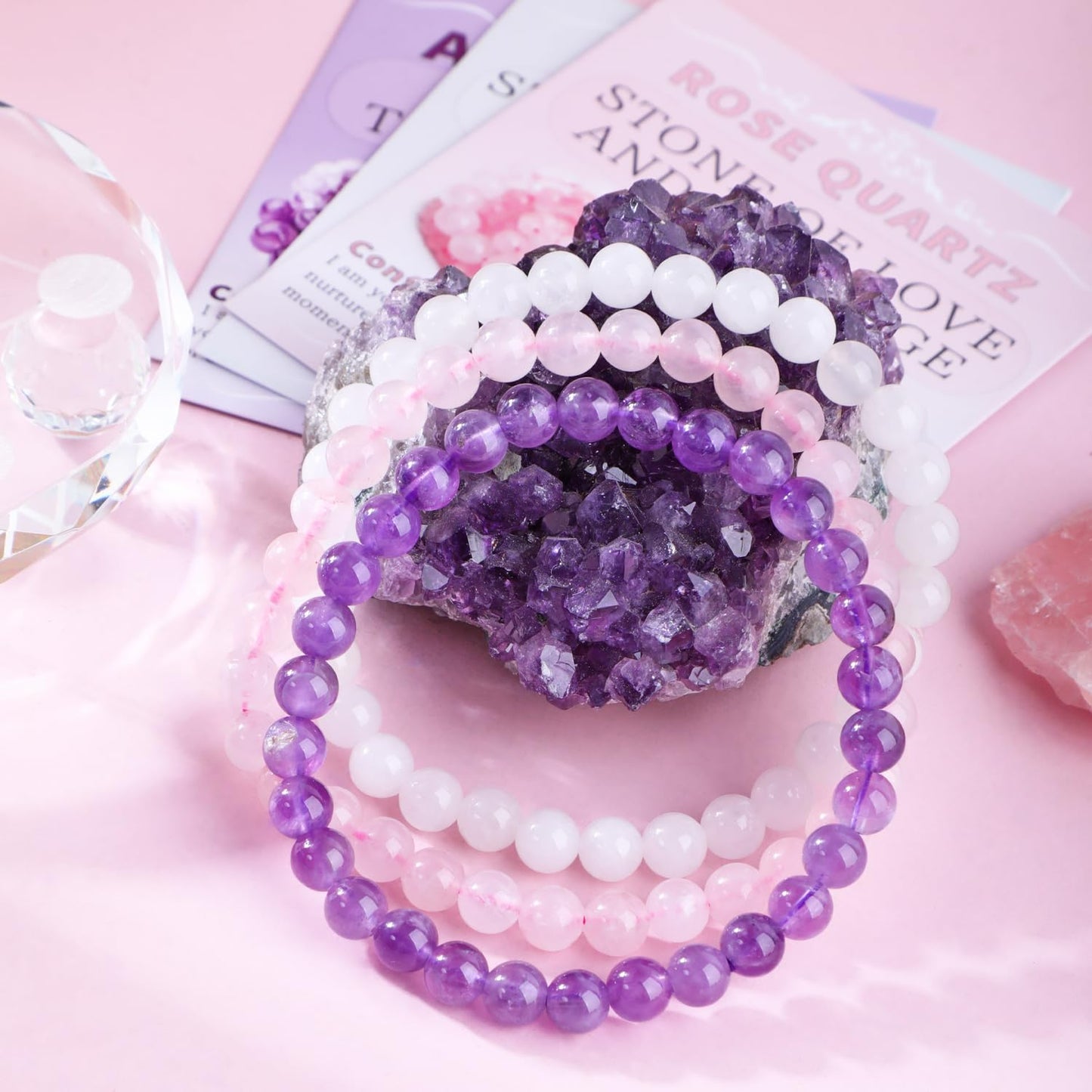 CMBYN 3-Pieces 6mm Natural Crystal Gemstone – ﻿Amethyst, Pink Quartz, White Jade Handmade Reiki Energy Healing Stretch Bracelets Jewelry for Yoga, Meditation, Unisex