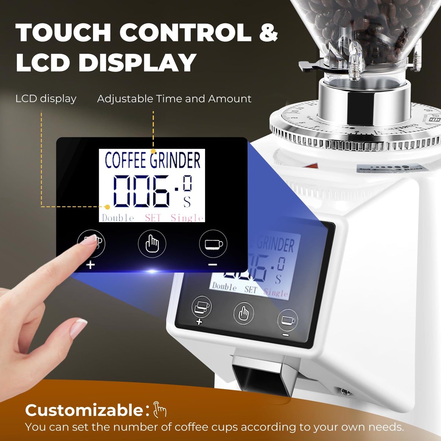 Flyseago Commercial Coffee Grinder Electric Flat Burr Coffee Bean Grinder with 19 Settings Touch Screen Espresso Machine with Large 35oz Hopper, White