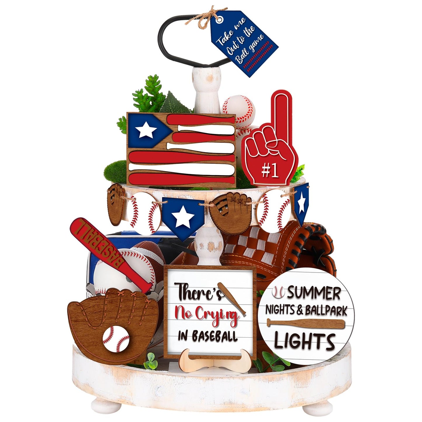 FairySandy 13 Pcs Baseball Tiered Tray Decor Wooden Baseball Table Centerpieces Decor Rustic Wooden Sport Game Sign for Fans Theme Party Supplies