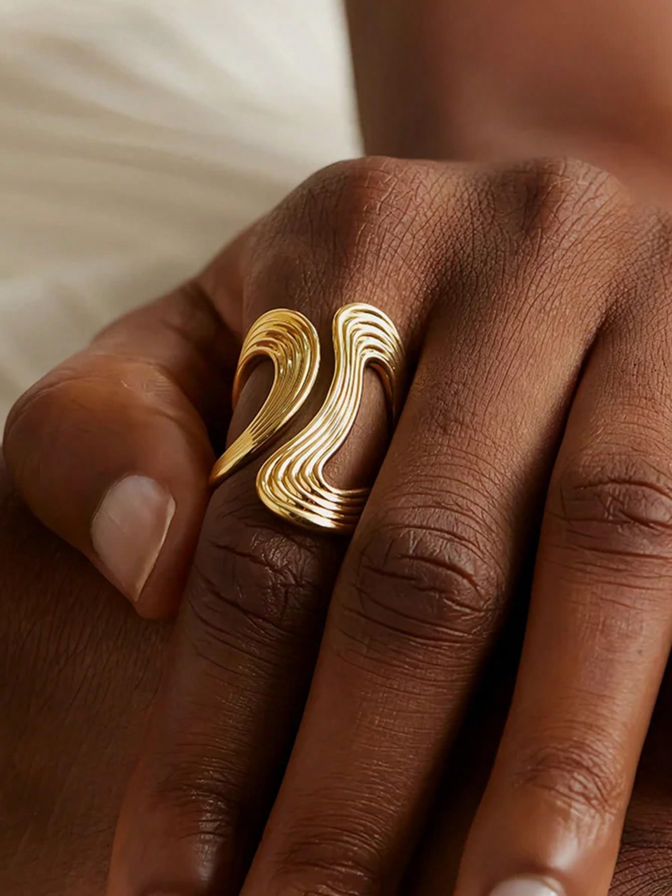 AIETUE Chunky Rings For Women, Gold Silver Thumb Ring Asymmetrical Wavy Curve Ring Adjustable Non Tarnish Dainty Stainless Steel New Year Anniversary Birthday Jewelry Gift (Trendy-Gold)