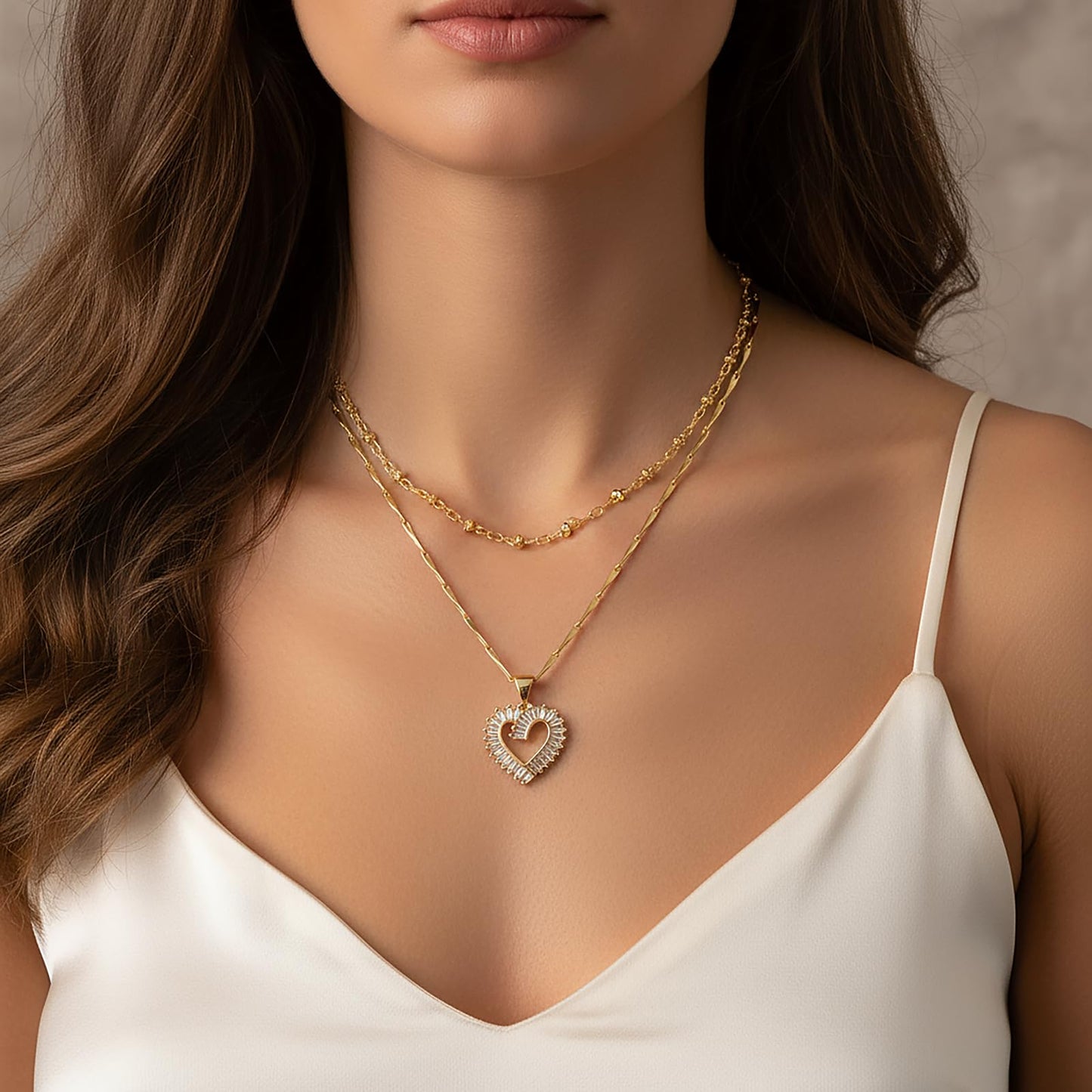 MEIITRUE Heart Necklaces for Women Trendy 14k Gold Plated Dainty Layered Necklace Set Cubic Zirconia Pendant Choker Beaded Chain Stackable Jewelry Gifts for Her