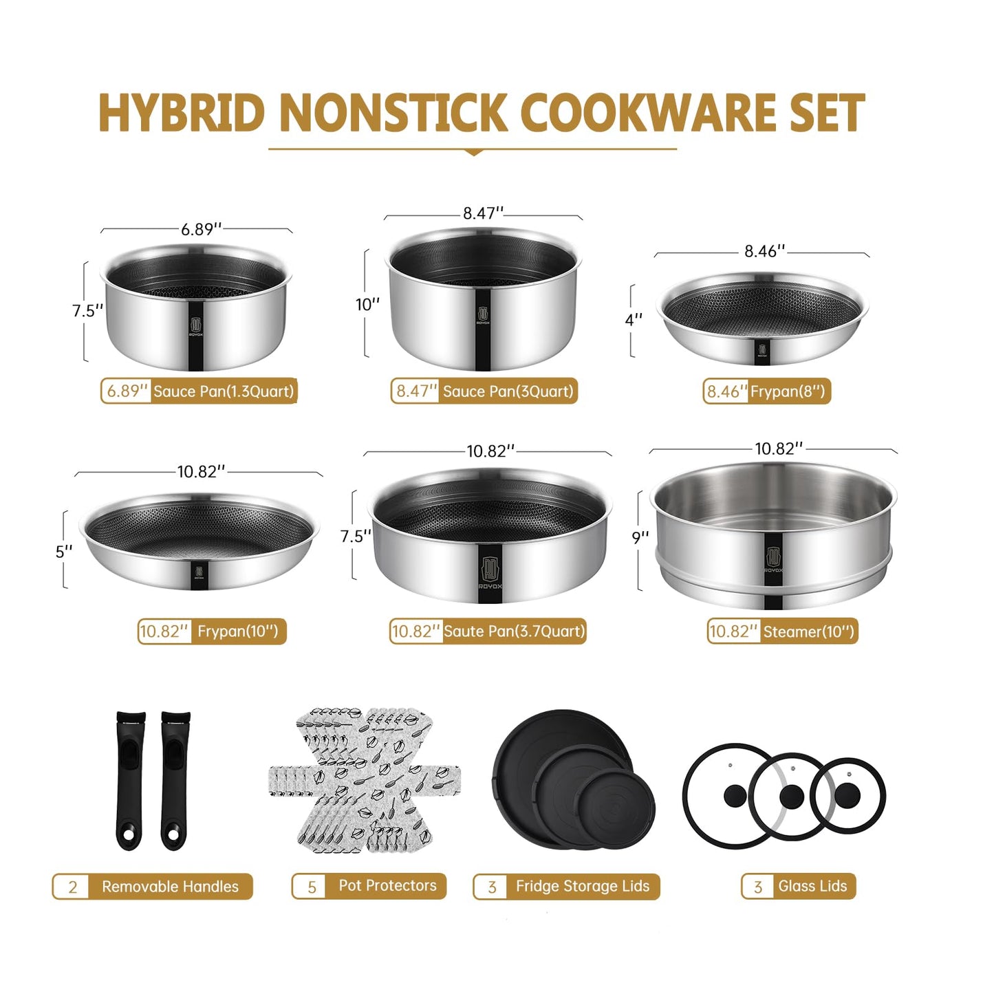 ROYDX New Model Hybrid Nonstick Cookware Set 19-Piece Stainless Steel Pots and Pans Set with Removable Handles, Save Space,Dishwasher and Oven Safe, Induction Ready, Compatible with All Cooktops