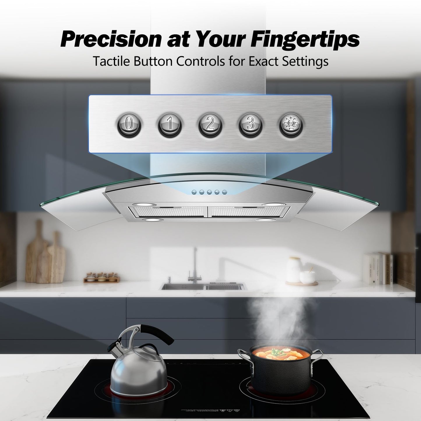 Tieasy 36 inch Island Range Hood 700 CFM Ceiling Mount Hood Stainless Steel Stove Vent Hood with Tempered Glass, Push Button Controls, Mesh Filters