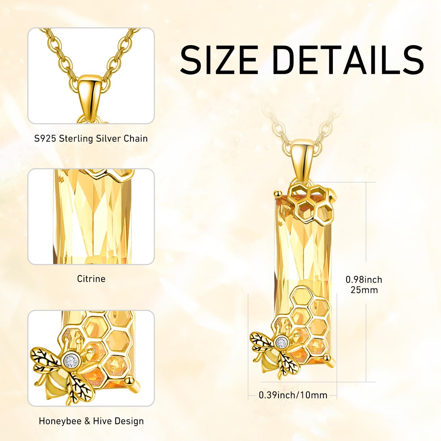 AENEAS Valentines Day Gifts for Women Her Bee Necklaces Sterling Silver Gold Plated Honeycomb Pendant Citrine Jewelry Cute Animal Christmas Gifts for Her Wife Women