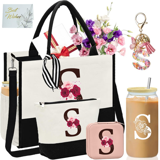 AiHeart Mother's Day Gifts,Birthday Gift for Women,Initial Canvas Tote Bag,Personalized Gifts for Women,16oz Glass Cup With Straw,Jewelry Storage Box,Monogrammed Gift for Woman Mom Sister Bestie-S