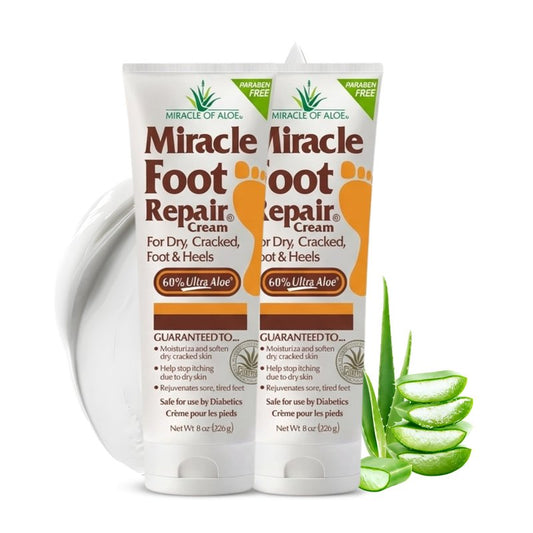 Miracle Foot Repair Cream (8 oz / 2-Pack) Repairs Dry Cracked Heels and Feet, 60% Pure UltraAloe Moisturizes, Softens, and Repairs