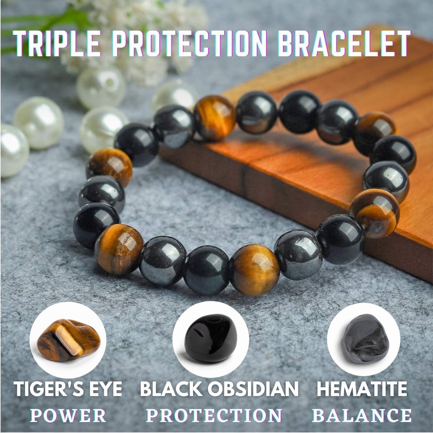 Triple Protection Bracelet for Men Women | Black Tourmaline Obsidian Hematite 8mm Beaded Bracelet | Anxiety Relief Chakra Healing Gemstone Crystal Gift