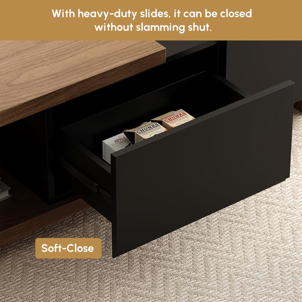 homary Modern Mid-Century Coffee Table and TV Stand Set of 2, Extendable Entertainment Center Set for Living Room (Black & Walnut)