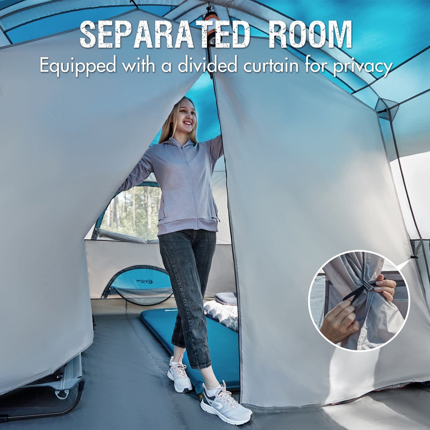 Portal 10 Person Camping Tent with Porch, Big Family Cabin Tent with 2 Rooms, 2 Doors, 2 Ground Vents, 6 Large Mesh Windows, Divided Curtain for Camping, Outdoor, Traveling, Water Resistant, Blue