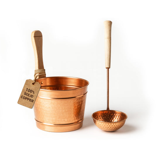 ALFIQ Hammered Copper Sauna Bucket & Ladle Set - Handcrafted Pure Copper Turkish Hammam Spa Accessory, Traditional Sauna Water Bucket with Wooden Handle, Polished Finish, Durable Artisan Design