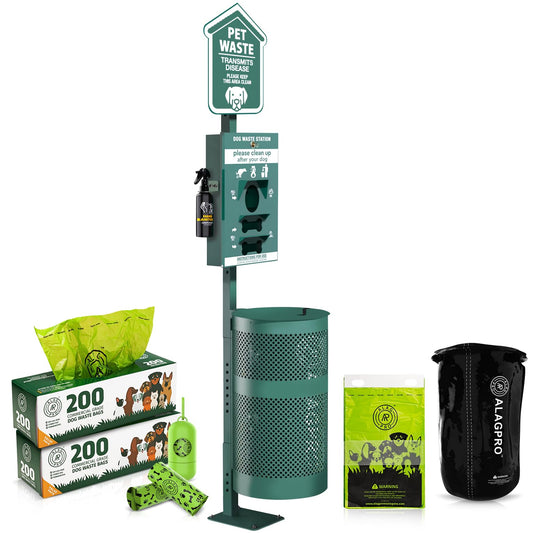 ALAGPRO® Pet Waste Station Outdoor Dog Waste Station with Hand Sanitizer Bottle, Commercial Dog Poop Station with Free 400 Roll, 200 Pull Waste Bags & 50 Can Liners for Backyard, Park & HOA's