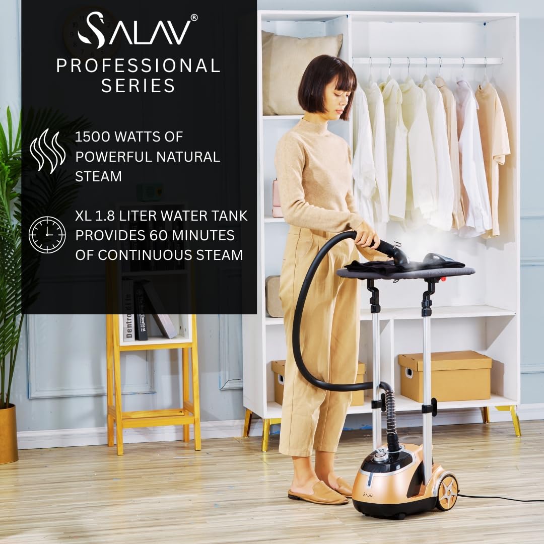 SALAV® Professional Garment Steamer with Built-in Ironing Board, 1500W Continuous Steam, 4 Steam Settings, Chrome Finish, Stainless Steel Steam Plate, Removable 1.8L Tank, Wheels for Easy Movement