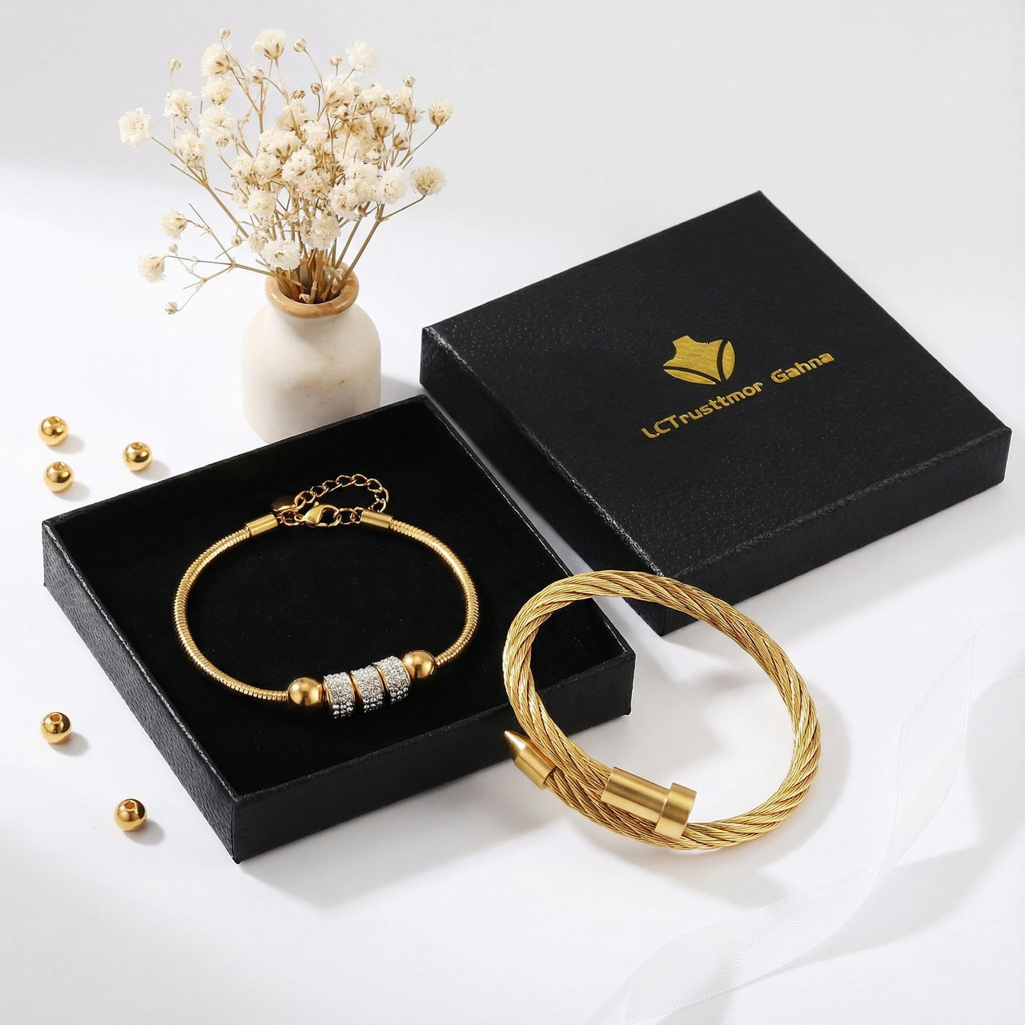 LCTrusttmor Gahna 18K Gold Plated Bangle Bracelet for Women, Non-Tarnish Stackable Nail Bracelets Set, Dainty Adjustable Cubic Zirconia Snake Chain With Beaded, Trendy Jewelry Mother's Day Birthday Gifts for Lover Mom Her