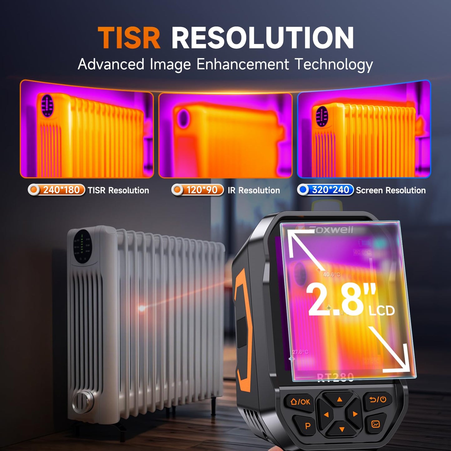 FOXWELL RT280 Thermal Imaging Camera, 320 X 240 2.8" LCD Screen Thermal Camera, TISR Resolution 240 x 180, 25Hz Handheld Infrared Cameras with Laser, PC Analysis, Photo & Video Recording, 8GB Storage