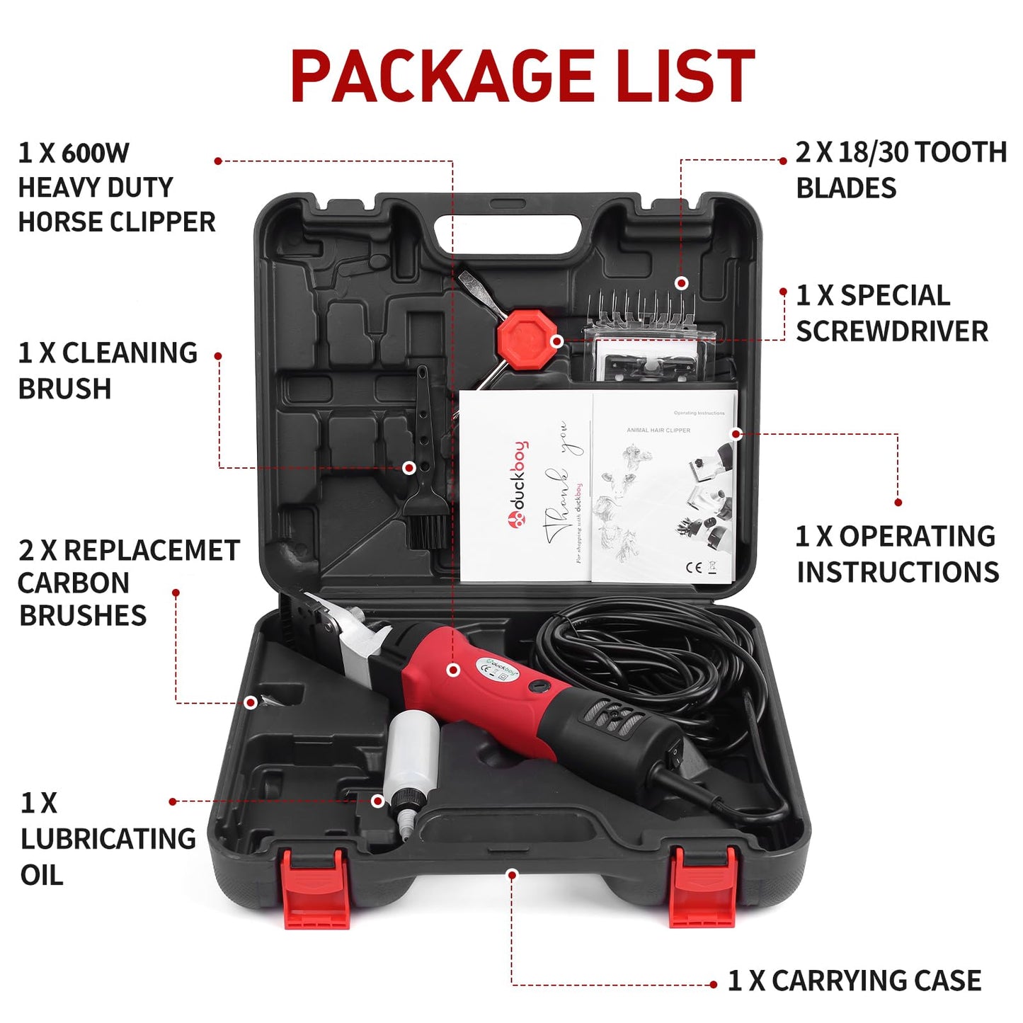 DUCKBOY Heavy Duty Clippers for Thick Coats Animals, 600W Professional Electric Shearing Machine for Horse Pony Cattle and Large Dogs Livestocks Grooming, 6 Speed & 2 Detachable Shearing Blades