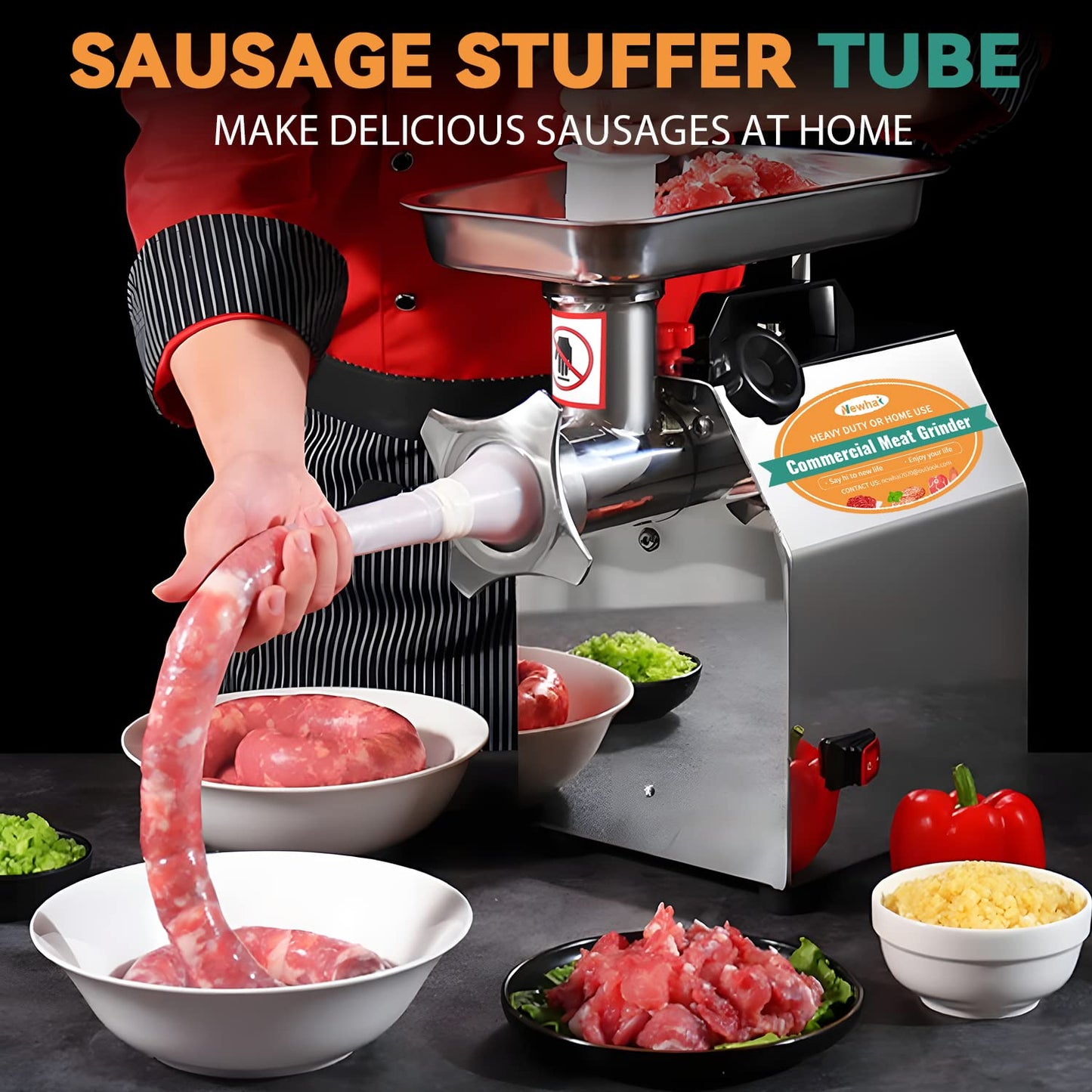 Newhai 1.3HP Commercial Meat Grinder Electric Meat Grinding Machine Heavy Duty Industrial Meat Mincer Sausage Stuffer 3/6/8mm Grinding Plates Grinding Chicken Bones for Restaurant 950W 110V US