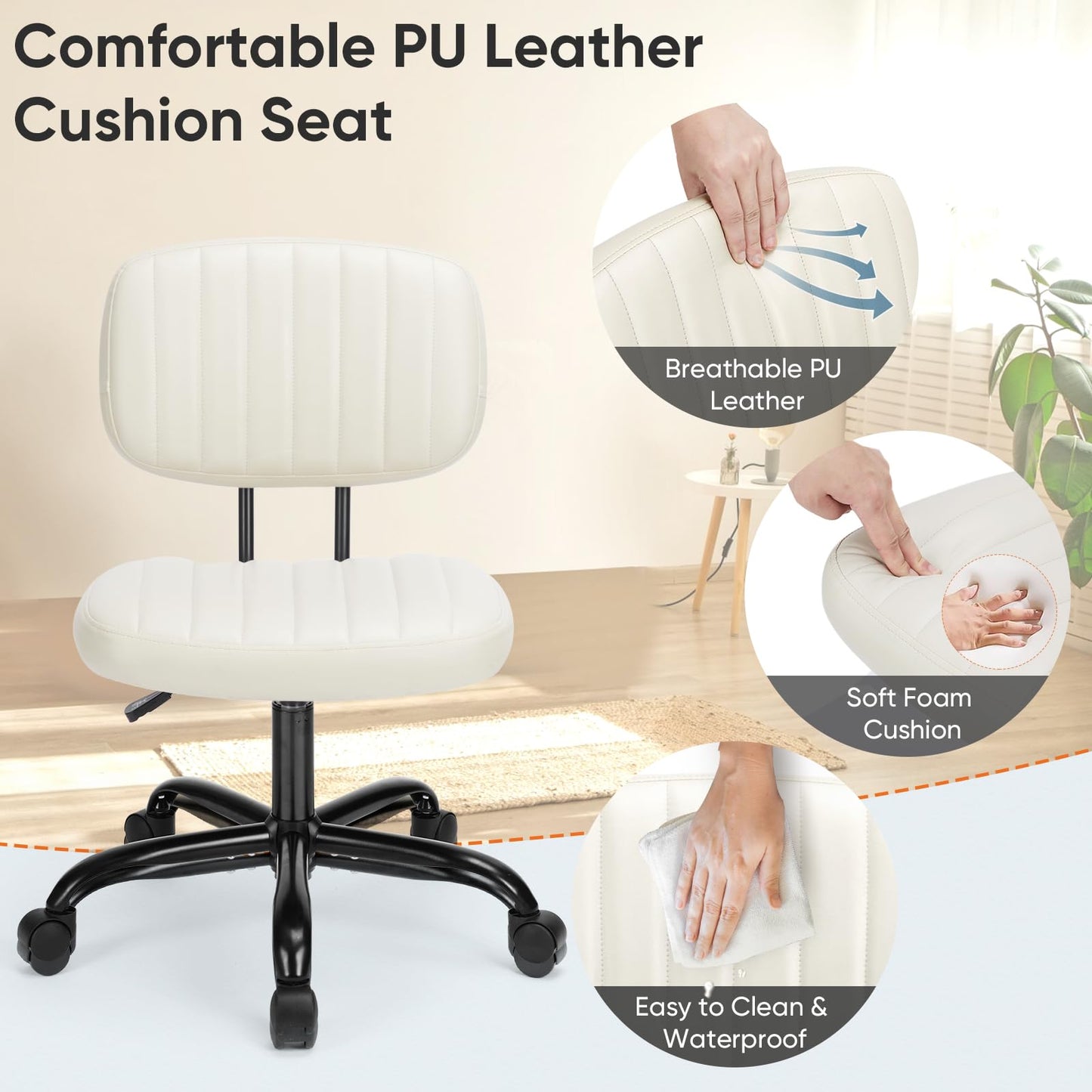 DUMOS Armless Home Office Desk Chair -Small Ergonomic with Low Back Lumbar Support, Height Adjustable PU Leather Computer Task with 360° Swivel Rolling Wheels, for Small Space, Beige White