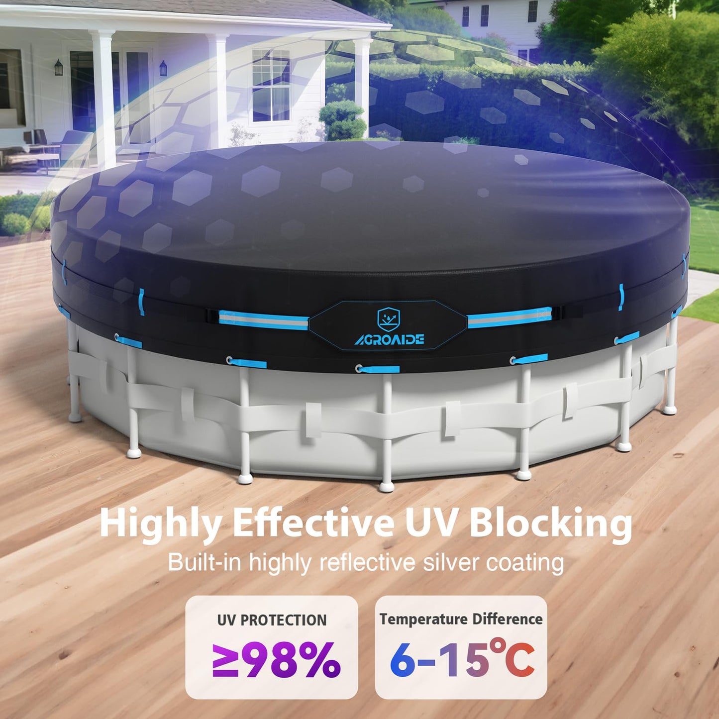 AGROAIDE 8ft Round Pool Cover, Stock Tank Pool Cover with Metal Buckle Straps, 420D Oxford Fabric for All Season Use - Tear Resistant, UV & Dust Proof