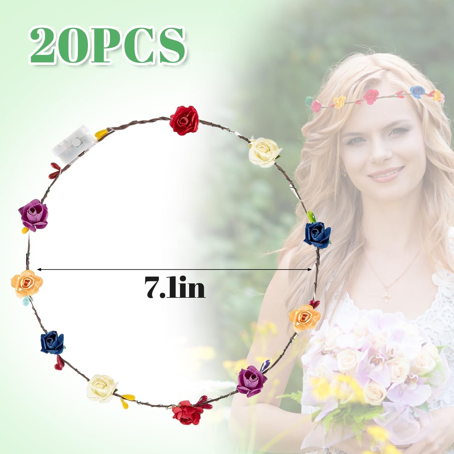 20 Pcs LED Flower Crowns Headbands - Light Up Headband for Women, Garlands Glowing Floral Wreath Crowns for Wedding Beach Party Birthday Cosplay Gifts