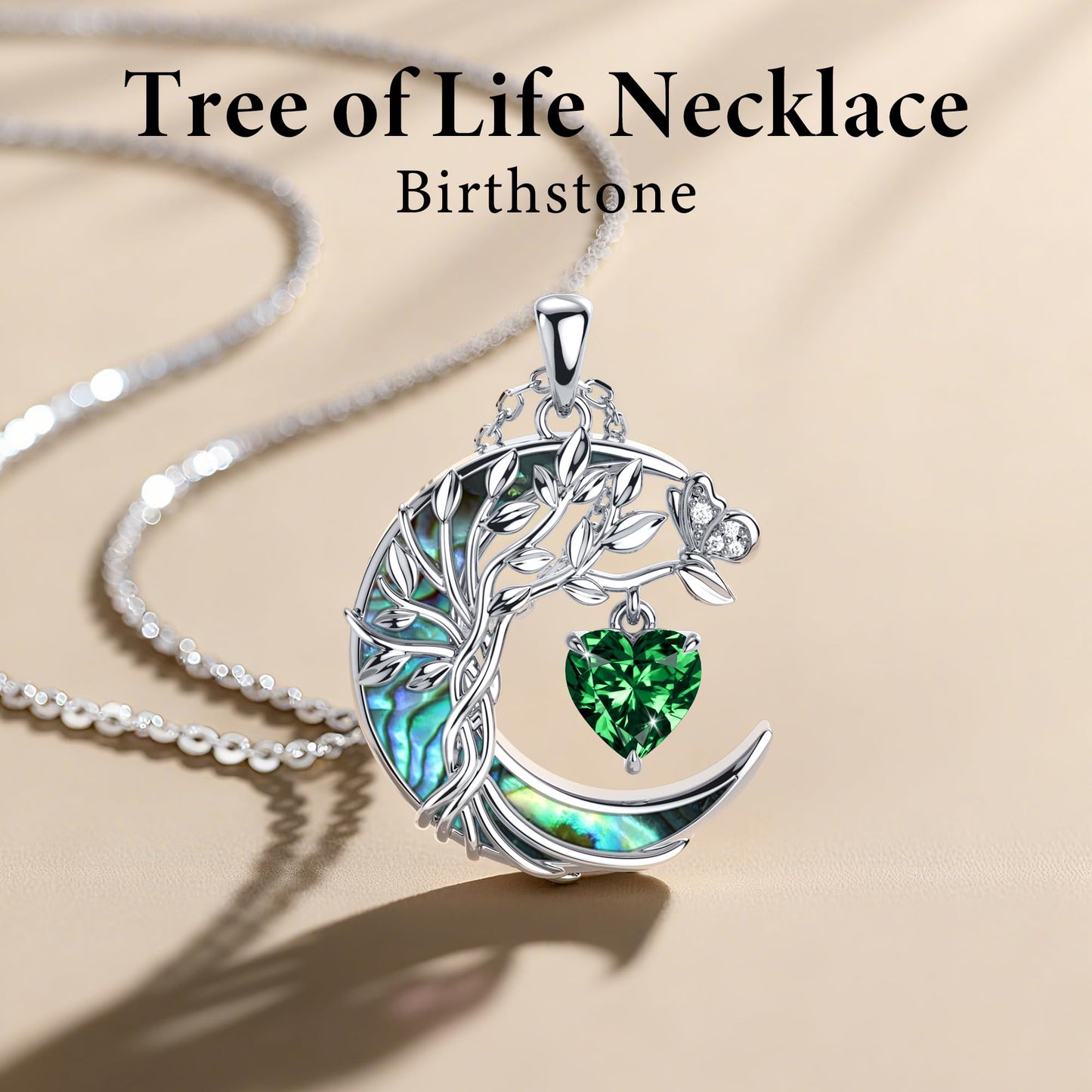 Distance Tree of Life Birthstone Necklace for Women, S925 Sterling Silver Premium Abalone Shell Moon Pendant May Heart Birthstone Necklace, Emerald Jewelry Christmas Birthday Gifts for Her Mom Wife