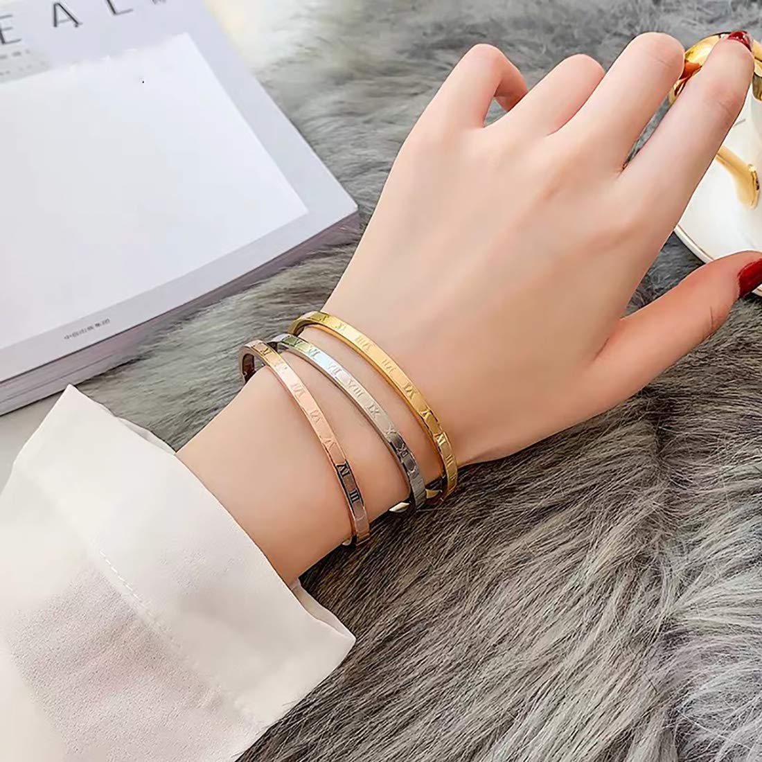 Jarlinwel Gold Silver Plated Bracelets for Men Women Roman Numeral Bangle Bracelet Stainless Steel Personalized Engraved Unisex Gift (4mm Womens 3 Color Set)
