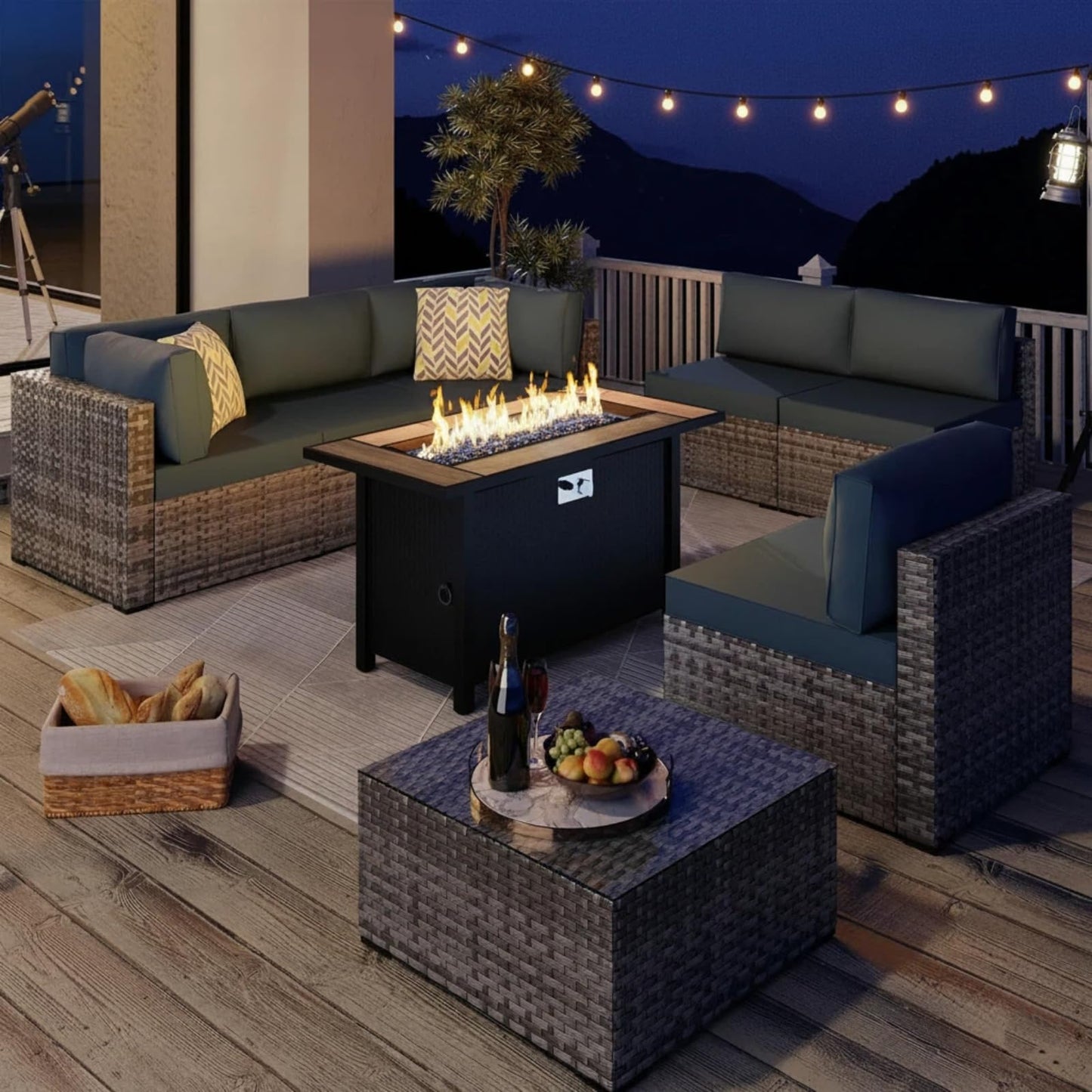45 Inch Propane Fire Pit Table, 50,000 BTU Outdoor Gas Fire Pit for Patio & Backyard, 2-in-1 Firepit Dining Table with Glass Wind Guard, Blue Glass Rocks & Waterproof Cover, Grey