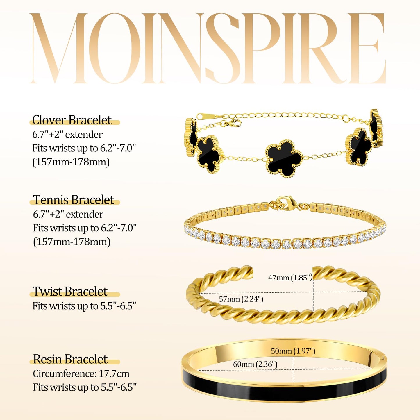 MOINSPIRE 18K Gold Plated Bracelets for Women, Stainless Steel Four Leaf Clover Tennis Nail Love Bangle Bracelets Set, Trendy Stackable Twist Cuff Bracelet Non Tarnish Jewelry Gifts for Christmas