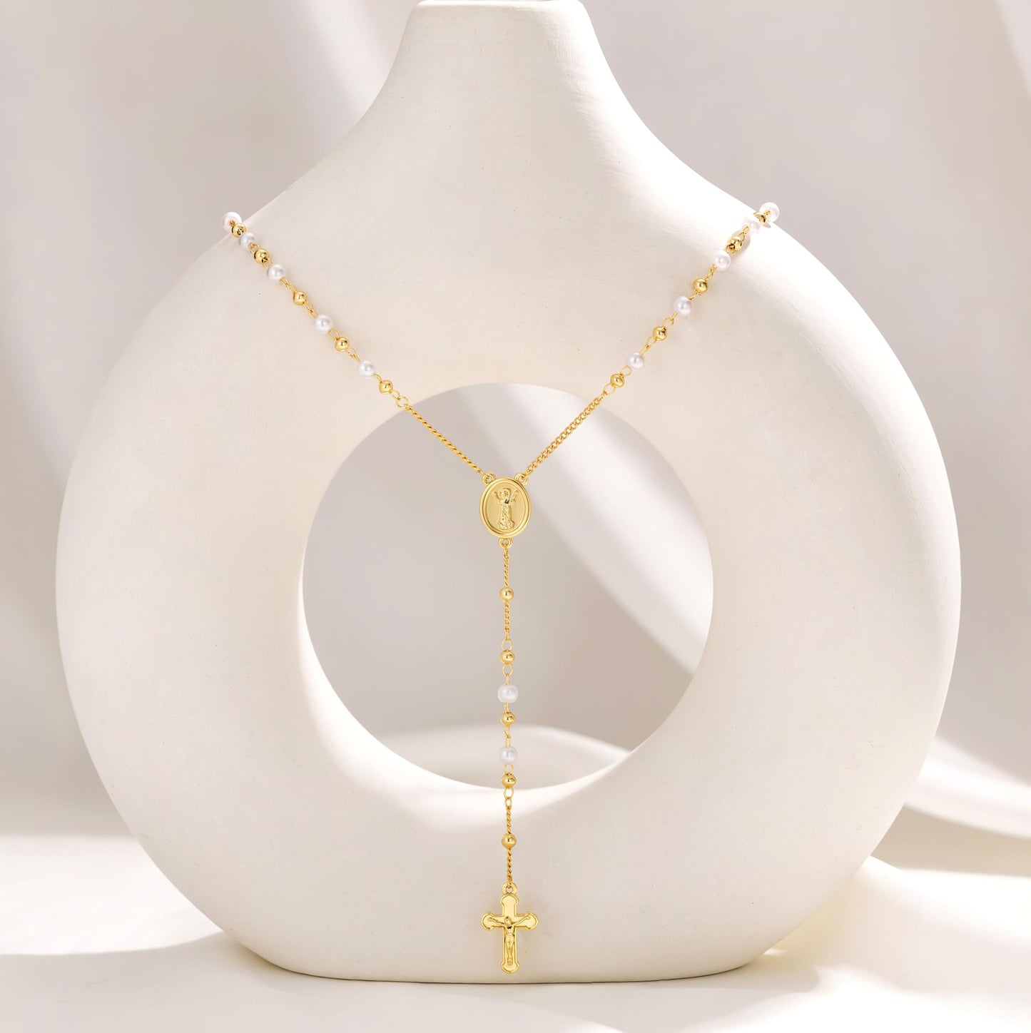 CHESKY Cross Necklace for Women Trendy, Dainty Long Gold Plated Y Shaped Pearl Necklace for Womens Simple Virgin Mary Jesus Pendant Necklace Gold Jewelry Gifts