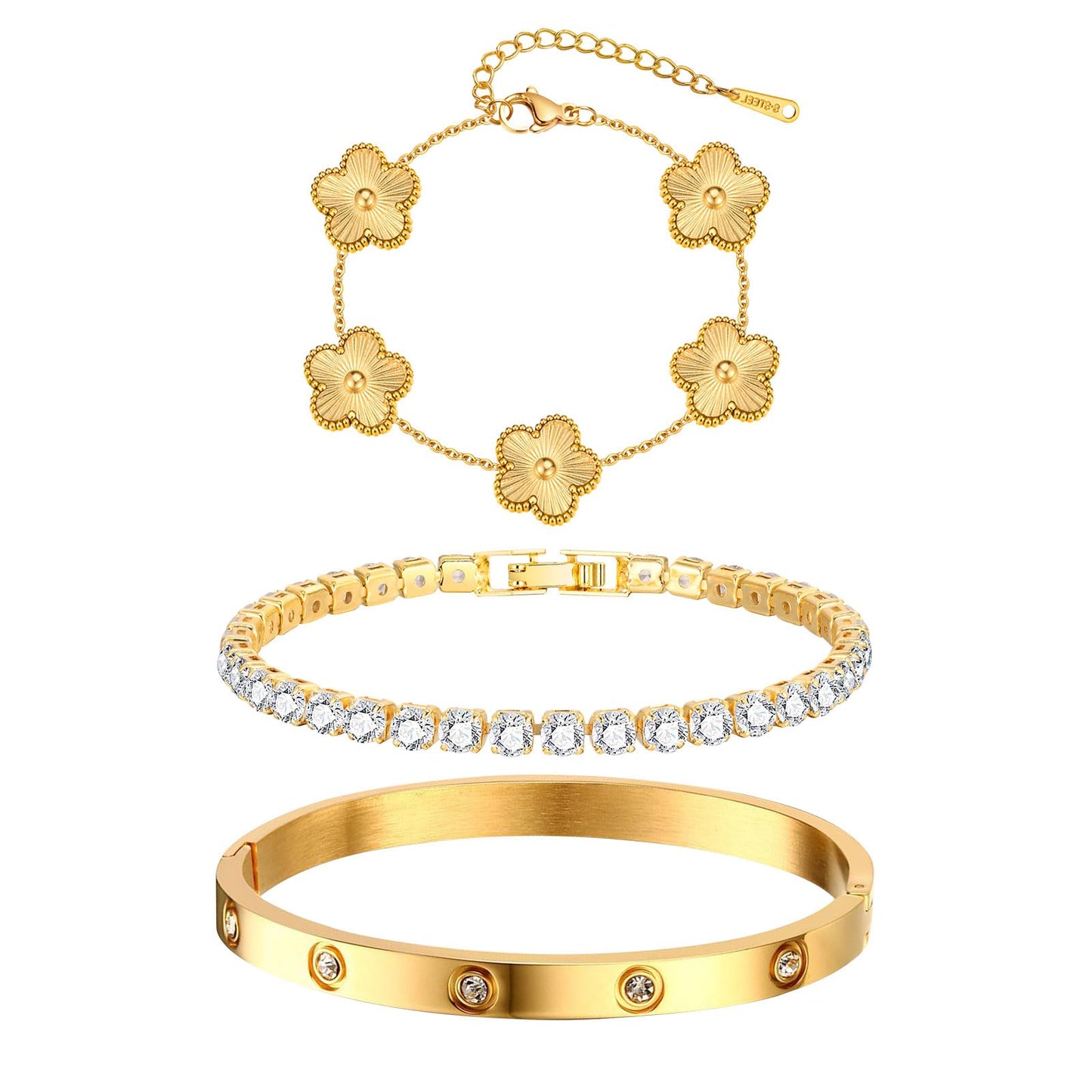 MPRAINBOW Womens Stackable Floral Bracelets, 3Pcs 18K Gold Plated Bracelet,Stainless Steel Bangle Chain Non Tarnish, Bracelet Set Trendy Jewelry,Christmas Valentines Birthday Gift for Girlfriend