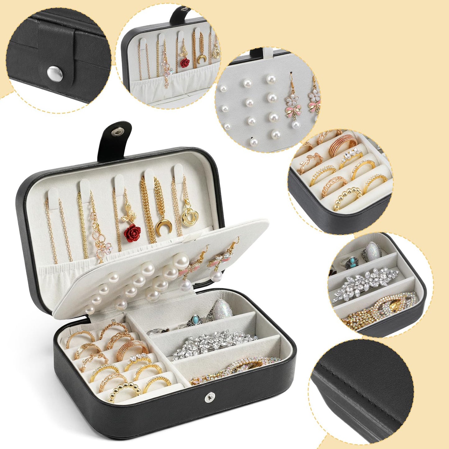 Lemecima Travel Jewelry Box, 6PCS Stud Earrings Organizer Case, Double Layer PU Leather Mini Jewelry Storage Display Holder for Rings Necklaces Bracelets, Portable Gift for Women Girls