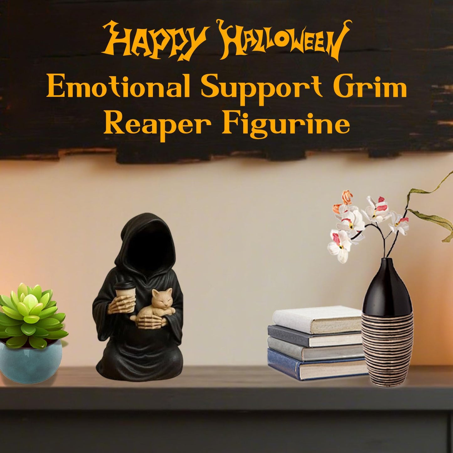 Gorbgle Halloween Decor, Gothic Decor Mysterious Resin Statue with Cat, Black Robe Spooky Figurines, Goth Sculptures Table Centerpiece for Home Office, Desk, Mantel, Bookshelf, Indoor Decorations