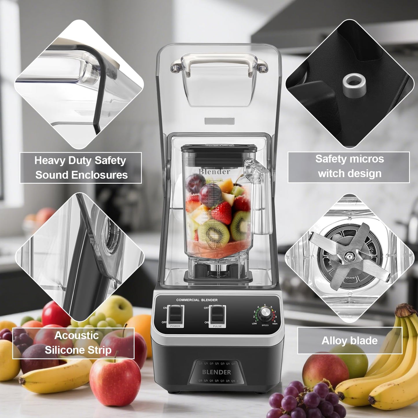 WaterElfo 2200W Commercial Blender for Smoothies - Professional Grade, High Speed Quiet Electric Countertop Blenders with Sound Enclosure, 68oz for Kitchen & Home Use
