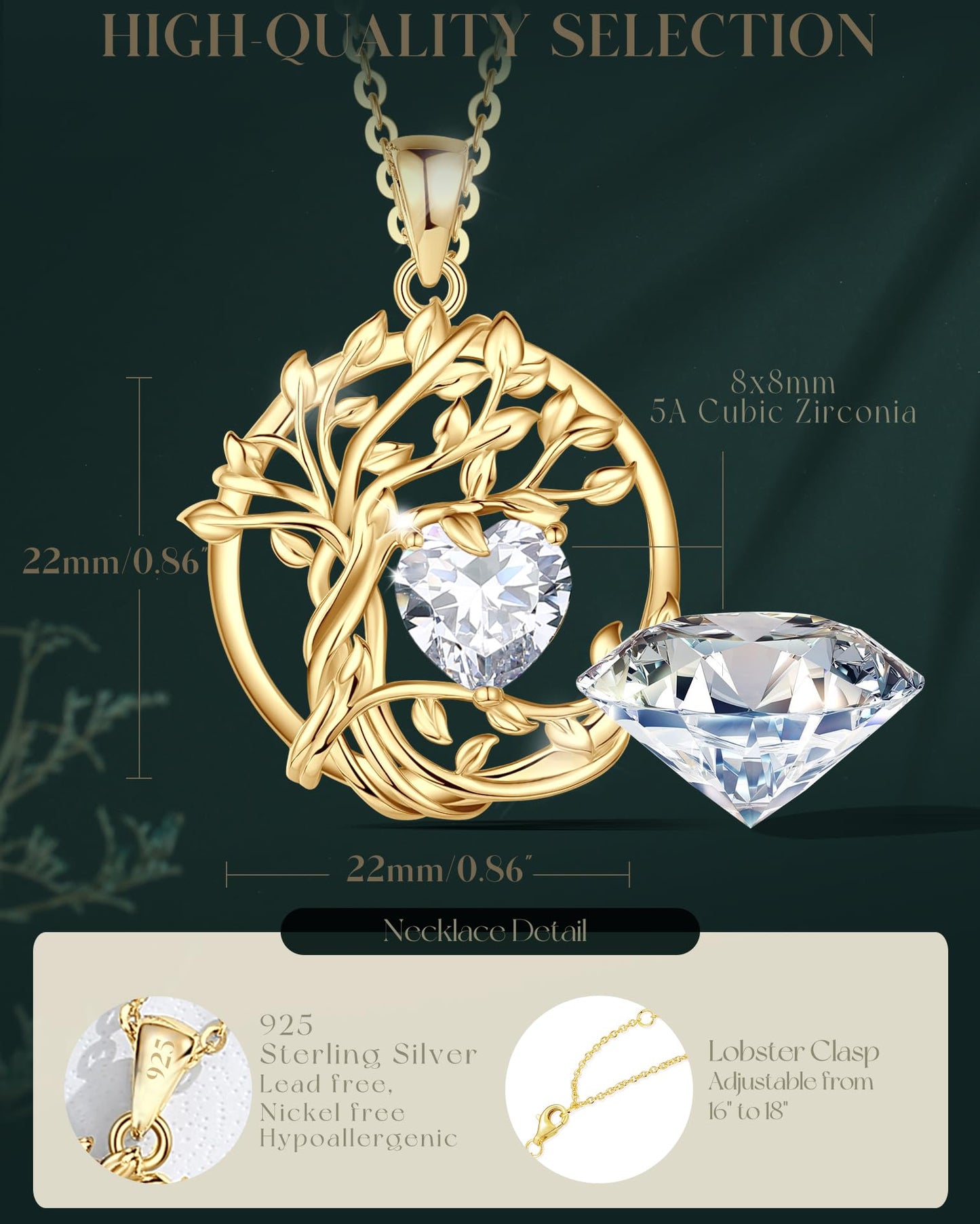 FANCIME Tree of life April Birthstone necklace for women Sterling Silver Yellow Gold Plated Simulated Diamond Pendant Cubic Zirconia CZ Birthday Mothers Day Gifts for Wife Mom Her