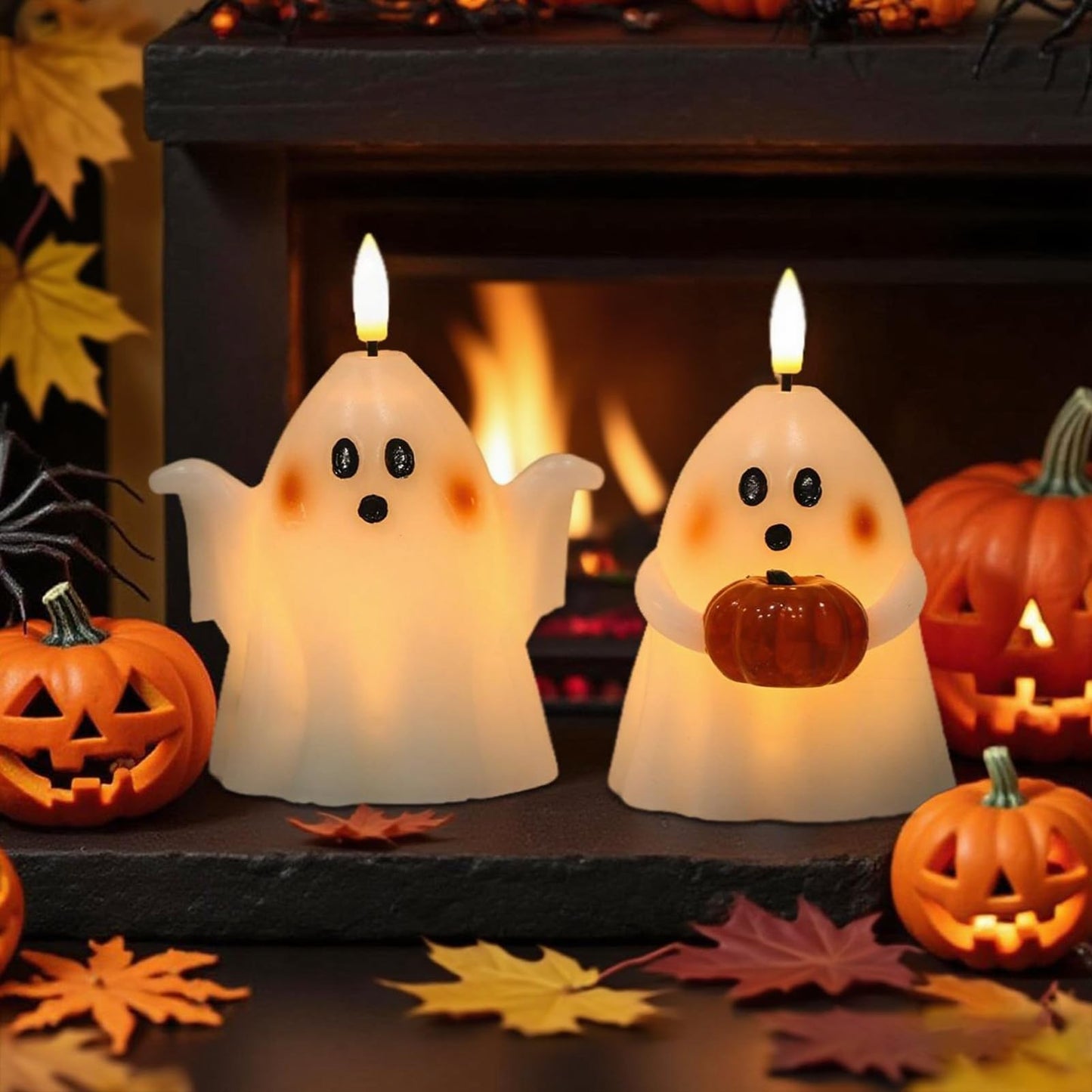 Eldnacele Spooky Ghost Halloween Flameless Candles with Timer Set of 2 Battery Operated LED Pillar Candles Ghost Light Real Wax 3D Wick Flickering Long Lasting Home Indoor Decor(3.5" D x5 H)"