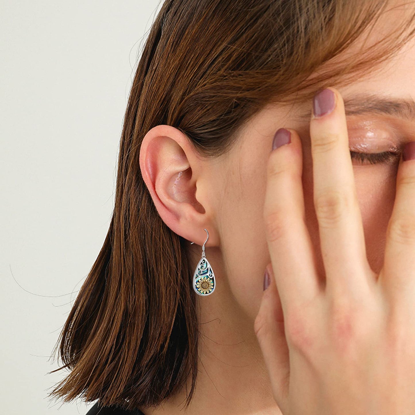 POPLYKE Sunflower Earrings for Women 925 Sterling Silver Teardrop Abalone Earrings Dangle Sunflower Jewelry Gifts Birthday