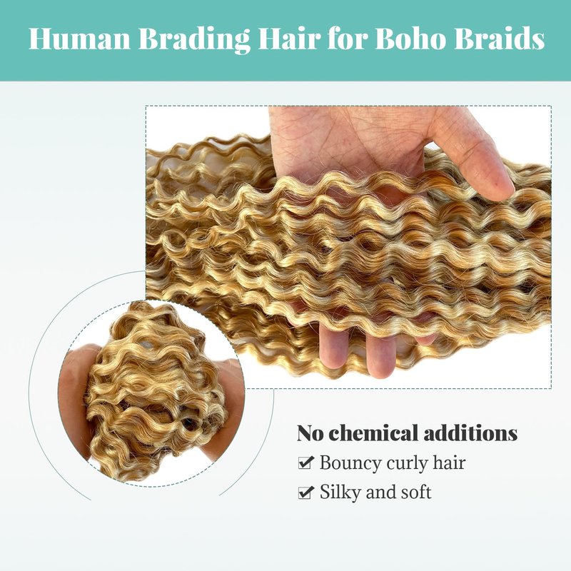 Water Wave Bulk Human Hair for Boho Knotless Braids 18 Inch Ombre Color Strawberry Blonde with Bleach Blonde Highlights No Weft 2 Bundles 100G Deep Curly Micro Extensions for Braiding