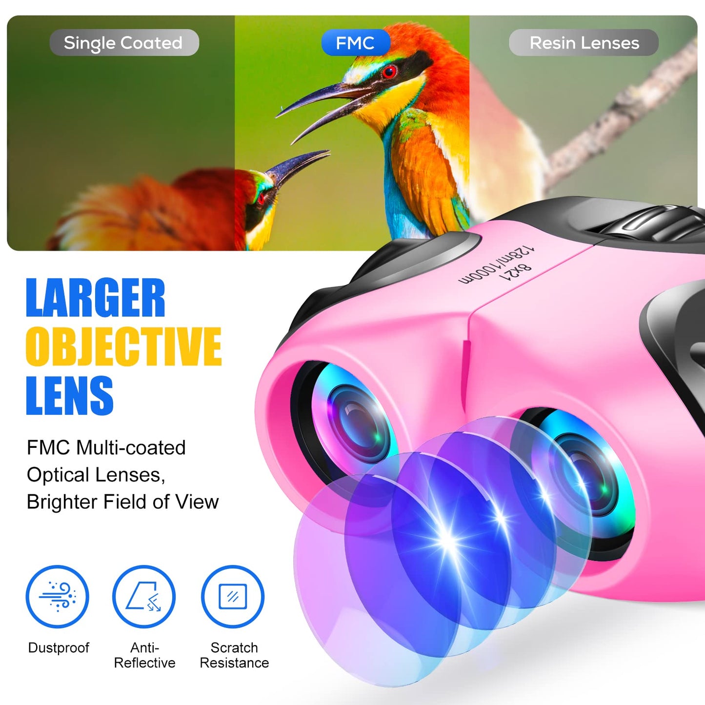 Gifts for 3-9 Year Old Girls and Boys, Kids Binoculars for Outdoor Easter Toys for 4 5 6 7 8 Year Old Girl Easter Christmas Xmas Stocking Stuffers Fillers Gifts for Kids Teen Girls Pink