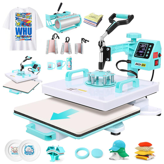 AKEYDIY Upgraded Heat Press Machine 8 in 1 Combo 15 X15 Digital Multifunction Shirt Press Machine for T Shirts Sublimation Machine 360-Degree Swing Away Dual-Tube Heating for DIY T-Shirts Caps&Mugs