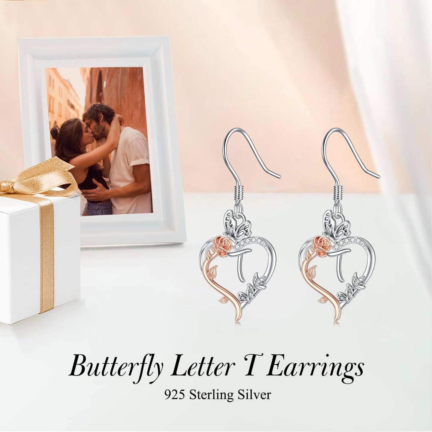 TOUPOP Rose Heart Initial Earrings Sterling Silver Butterfly Earring Initial T Letter Drop Dangle Earrings Jewelry Anniversary Birthday Mothers Day Gifts for Women Mom Wife Girlfriend Her