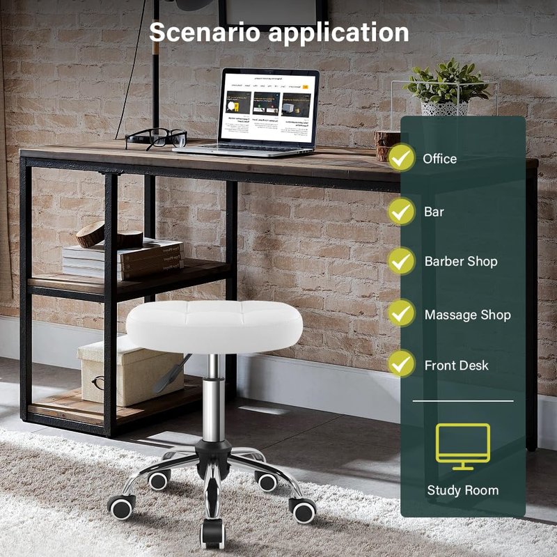 BFTOU White 6-Square Lattice PU Swivel Stool with Wheel for Work SPA Shop Massage Height-Adjustable and Cost-Effective Rolling Stool Chair