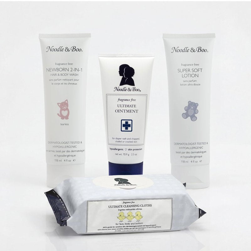 Noodle & Boo Fragrance Free Baby Skincare 4-Piece Bundle – Ultimate Baby Ointment, 2-in-1 Newborn Shampoo & Body Wash, Super Soft Baby Lotion & Cleansing Cloths for Sensitive Skin