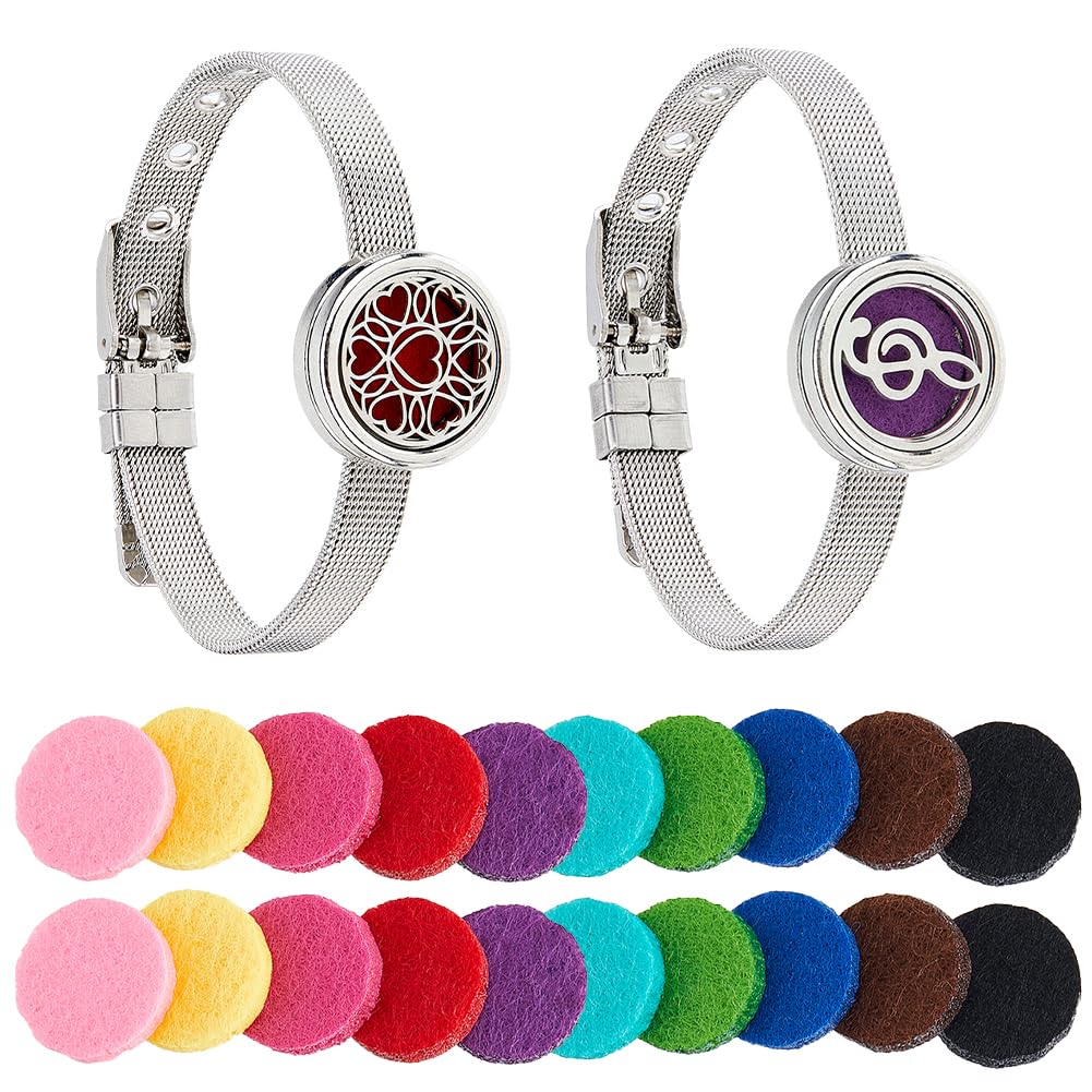 Hobbspring 2 Styles Essential Oil Diffuser Bracelet 8.82 inch Stainless Steel Watch Band Bracelets Aromatherapy Locket Adjustable Bracelet with 20Pcs Washable Refill Pads for Women Men Friends